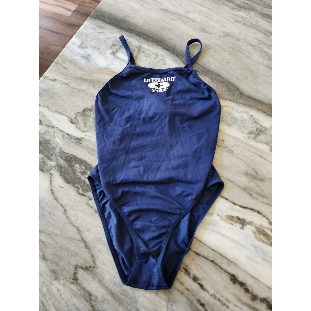 Vintage 90s Speedo Lifeguard One Piece Swimsuit Navy Blue Crossback PBT Womens